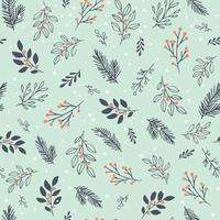 Winter leaves, branches and snow vector pattern. Seamless floral background with winter branches and leaves. Hand drawn floral elements. Vintage botanical illustrations.