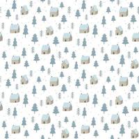 Winter forest vector pattern with small houses. Woodland seamless print with trees and snow. Scandinavian style.