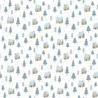 Winter forest vector pattern with small houses. Woodland seamless print with trees and snow. Scandinavian style.