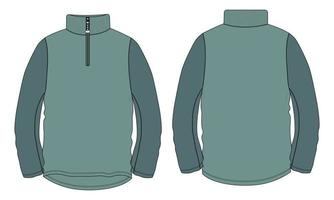 Cremallera de manga larga de dos tonos de color verde con chaqueta de cuello levantado, sudadera técnica de moda, boceto plano, plantilla de ilustración vectorial, vistas frontal y posterior. vector