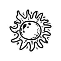 Simple sun icon with rays, hand-drawn element sketch in doodle style. Space. Sun with spots. Crown of the sun. Solar system. Isolated vector illustration