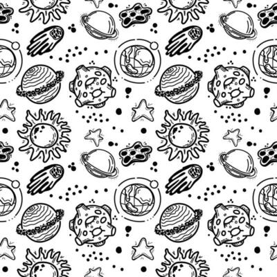 Seamless pattern of planets, comets, asteroids and stars. Vector in cartoon style. Sun. Stars. Solar system on white background. Can be used for greeting cards, children's fashion