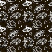 Seamless pattern of rockets, planets, comets, asteroids and stars. Vector in cartoon style. Black hole. Sun. Stars. Solar system on a black background. Can be used for greeting cards, children's