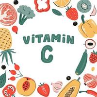 conjunto de fuentes vectoriales de vitamina c. colección de frutas, verduras y bayas. alimentos saludables, productos dietéticos, orgánicos. ilustración plana de dibujos animados vector