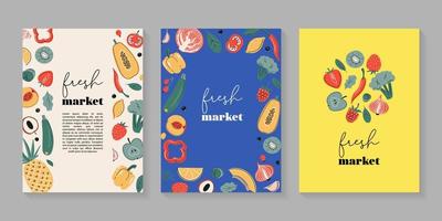 cartel de mercado fresco, tarjeta o colección impresa con frutas y verduras. fuentes de vitamina c, mercado agrícola, alimentos saludables. ilustración vectorial vector