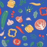 Seamless vector pattern with pepper, broccoli, onion, buckthorn, garlic, cabbage, zucchini and other. Vitamin C sources, healfy food, vegetables and berries collection on blue background.