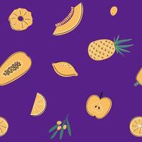 Seamless vector pattern with lemon, pineapple, apple, watermelon, papaya, sea buckthorn. Vitamin C sources, healfy food, dietetics products, Fruits, vegetables and berries collection