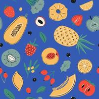 Seamless vector pattern with lemon, broccoli, apple, kiwi, papaya, strawberry, black currant and other. Vitamin C sources, healfy food, Fruits, vegetables and berries collection on blue background.