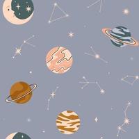 Seamless cute pattern with planets, stars, moon and constellations. Cosmic  illustration for kids design, fabric, textile vector