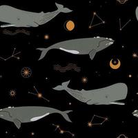 Seamless pattern with different types of whales sperm,right, planets, stars, moon and constellations. Cosmic illustration vector