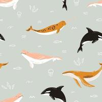 Seamless cute pattern with different types of whales orca or killer whale, narwhal, beluga, sei, blue, doodle algae, fish and jellyfish. Undersea illustration for kids design, fabric, textile