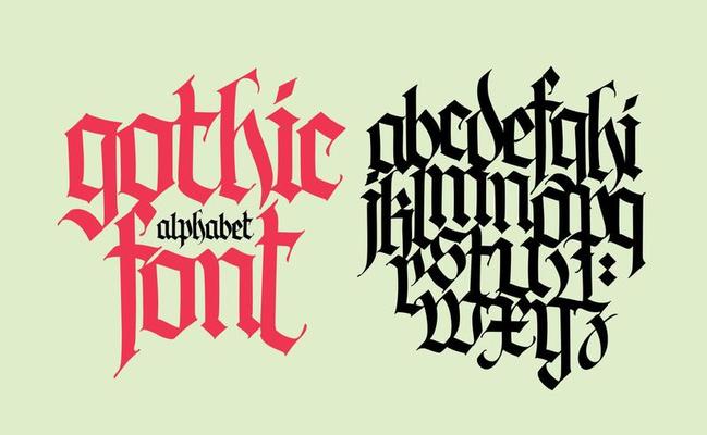 Gothic. Vector. Lowercase letters on a gray background. Beautiful and stylish calligraphy. Elegant font for tattoo. Medieval European modern style. All Latin letters are written with a pen.