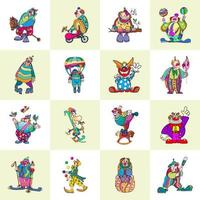 Cartoon circus clown comedian juggling, clowns party circus costume with balloon and happy laughing clowns face. Vector illustration isolated icons set