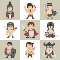 Cute cartoon boy in medieval knight costume. Kid in warrior body armor with sword and shield. Isolated vector clip art illustration set