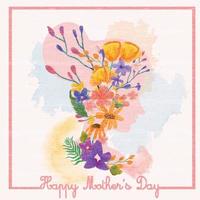 Watercolor Happy mother's day Vector illustration of mom with flowers, floral shape frame with text and cute family hugging. Drawing for card, postcard or background
