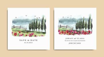Wedding invitation with red floral and pine trees in the garden watercolor vector