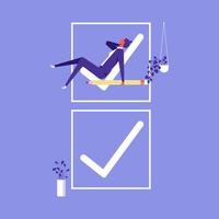 Businesswoman sleep on checkmark after successfully complete business assignments, successful work planning, Successful completion of business tasks concept vector