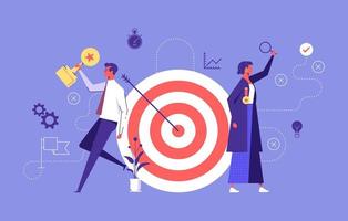 Business team hold big target with arrow in bullseye, teamwork success, target achievement, successful team work. Business vector illustration