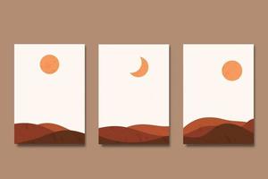 Set of abstract boho aesthetic landscape sun and moon poster design vector