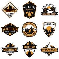 Set vector illustrations of mountain travel emblems. Camping outdoor adventure badges. mount logo patches. vintage label vectors