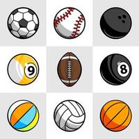 gráfico vectorial ilustrativo de las colecciones de balones deportivos. juego de fútbol y béisbol, fútbol, voleibol, tenis, billar, bolos vector