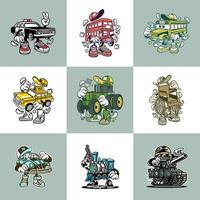 dibujos animados lindo monstruo vehículo ilustraciones gráficas. carácter de transporte vectorial vector