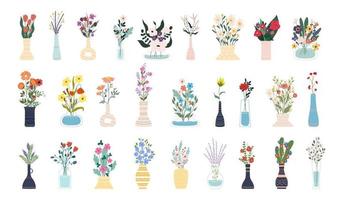 Collection of blooming flowers in vases and bottles isolated on white background. Set of decorative floral design elements. Flat cartoon vector illustration.