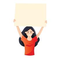 A young woman holding a blank poster with place for text. Hand drawn style vector trendy illustration.