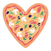 pizza con tomates, champiñones, aceitunas, ensalada y salsa en forma de corazón. concepto de amor ilustración vectorial aislada en un fondo blanco. vector