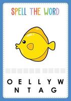 Spelling worksheet find the missing letter game for kids with word sea fish vector