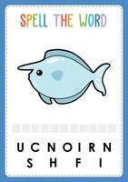 Spelling worksheet find the missing letter game for kids with word sea fish vector