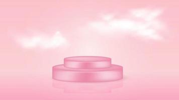 Pink 3d podium with stage. Empty platform for jewelry or cosmetic display. Pastel showcase with clouds. Vector mockup round shape pedestal