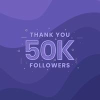 gracias 50k seguidores, plantilla de tarjeta de felicitación para redes sociales. vector
