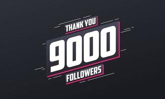 gracias 9000 seguidores, plantilla de tarjeta de felicitación para redes sociales. vector