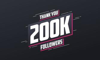 gracias 200k seguidores, plantilla de tarjeta de felicitación para redes sociales. vector