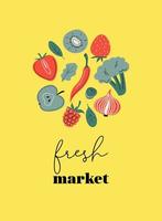 cartel de mercado fresco, tarjeta o impresión con frutas y verduras. fuentes de vitamina c, mercado agrícola, alimentos saludables. ilustración vectorial