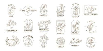 Doodle Herb and flower logo, set of hand-drawn botanical, floral set of wildflowers and herbs, vector objects isolated on a white background. One Line Drawing Vector Flowers Set.