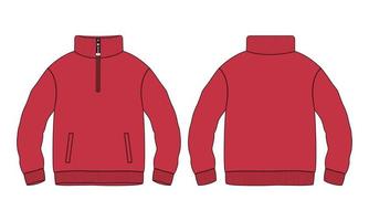 Long sleeve with stand up collar and short zipper Sweatshirt fashion Flat Sketch technical drawing  Red color template front and back views. vector