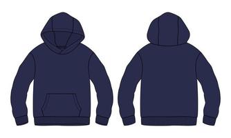 Long sleeve hoodie technical fashion  Flat sketch vector illustration navy blue color template front and back views isolated on white background.