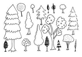 doodle park forest conifer siluetas abstractas árboles delineados en conjunto de colección de color negro vector