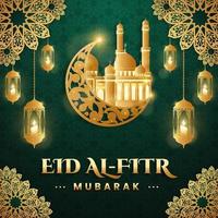Realistic eid mubarak illustration with candle and three dimensional arabic ornamental and candle vector