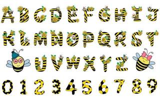 alfabeto abc, conjunto de patrones de abejas y girasoles diseñado en estilo garabato para decoración, estudiantes, maestros, bebés, diseños de pantalones, diseños de ropa para niños, almohadas, pegatinas y más. vector