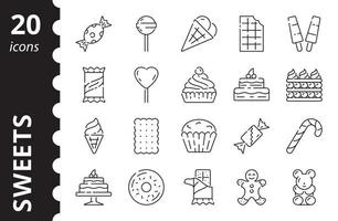 dulces dulces, helados, pasteles, galletas, barra de chocolate. iconos lineales en un vector. vector