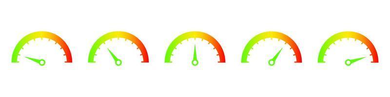 velocímetros que muestran el icono de velocidad ascendente. indicador con flecha verde que comienza el progreso y se convierte en rojo rendimiento de evaluación peligrosa y calidad de vector