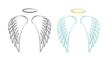 Angelic lowered contour wings with halo. Magic feathers with burning golden fire disk symbol tired but ready to fight light vector archangel