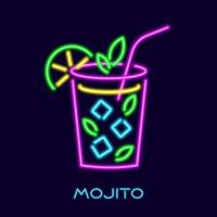 Neon mojito cocktail. Glowing purple long drink with straw mint and lime wedge. Modern refreshing classic with white rum and angostura vector liqueur