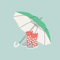 Pink wellies and green open umbrella. Rubber boots. Autumn background with umbrellas and boots.Rainy collection. Accessories for walking in autumn, spring. Hand drawn cartoon illustration. vector