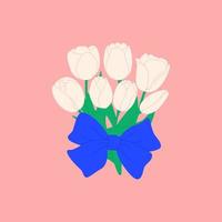 ramo de tulipanes blancos de dibujos animados. ramo de flores frescas de primavera con lazo azul. hermosos tulipanes exuberantes para el día de la madre. decoración floral de vacaciones. ilustración plana dibujada a mano. vector