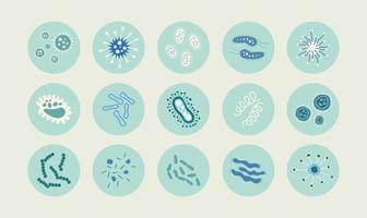 establecer icono de diferentes paquetes de microorganismos infecciosos aislados. colección de dibujos animados de gérmenes infecciosos, protestas, microbios. un montón de enfermedades que causan bacterias, virus. vector