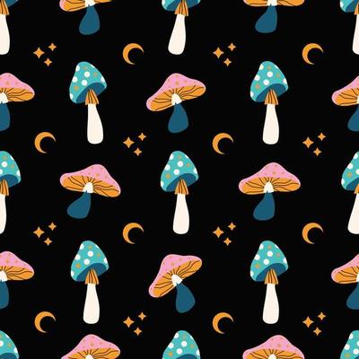 Fantasy magic funny mushrooms, stars. Theme of magic, mysticism, witchcraft, halloween, esoteric.Mystical occult pattern background for Halloween. Hand drawn flat seamless pattern botanical elements.